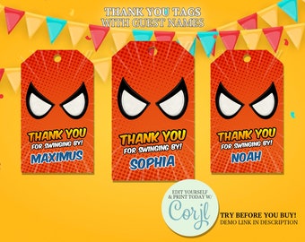 Spiderman Thank You Tags, Spiderman Printables, Spiderman Birthday Party, Spiderman Decoration, Party Favors Labels, Editable Template CORJL