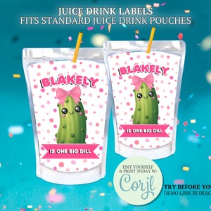 Etiquetas Caprisuns de picles grandes, adesivos para suco de endro, lembrancinhas para festa de 1º aniversário, imprimíveis com tema de picles, editáveis em CORJL