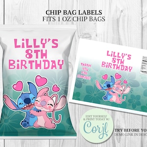 Girl Stitch Party, Stitch Angel Chip Bag Labels, Stitch Crispies Wrappers, Potato Snack Pouch, Pink Stitch Favors, Stitch Birthday Party