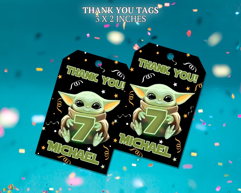 Baby Yoda thank you tags for birthday party. Use as party favors and decor.