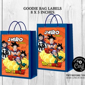 May include: Two blue goodie bags with orange panels featuring Dragon Ball Z characters. The bags have dark blue handles and the text "Jhiro Turns 8" and "Dragon Ball Z". The bags are 8 x 5 inches.