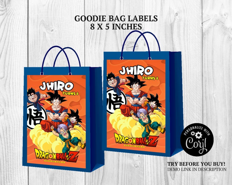 May include: Two blue goodie bags with orange panels featuring Dragon Ball Z characters. The bags have dark blue handles and the text "Jhiro Turns 8" and "Dragon Ball Z". The bags are 8 x 5 inches.