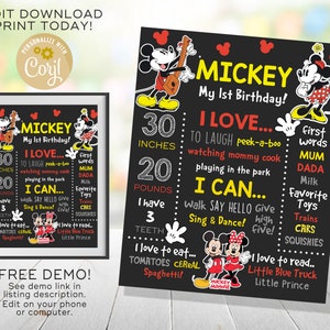 Mickey Mouse 1st Birthday Chalkboard Sign: Printable Party Decoration