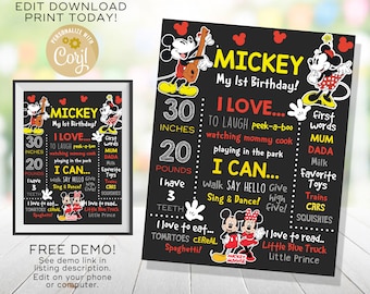 Mickey Mouse 1st Birthday Chalkboard Sign: Printable Party Decoration