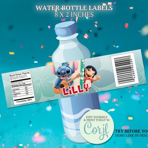 Lilo and Stitch Water Bottle Label, Lilo Stitch Bottles, Lilo Stitch Party Favors, Stitch Party Supplies, Stitch Party Decoration CORJL