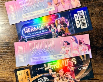 May include: Several colorful birthday party tickets with images of people and the text "CHARLIE'S 3RD Birthday" and "HERMIE'S 7th Birthday Bash!" The tickets include event details and the words "VIP TICKET".