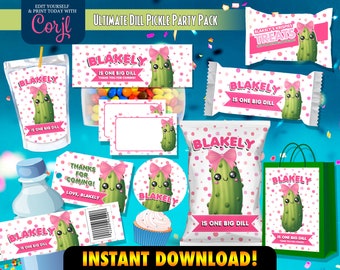 One Big Dill Birthday Party Printables: Pickle Chip Bag, Favor Tags - bearbeitbarer digitaler Download