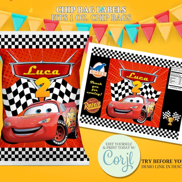 Cars Chip Bag Labels, Red Cars Crispies Wrapper, Cars Birthday Label, Race Car Party Favor, Editable and Printable Cars Label - CORJL