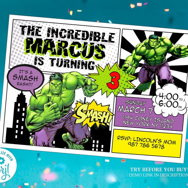 Invitation Hulk, Invitation Avengers, L'incroyable Hulk, Fête d'anniversaire Hulk Smash, Invitation Hulk Comics, Impressions Hulk, Fête Hulk