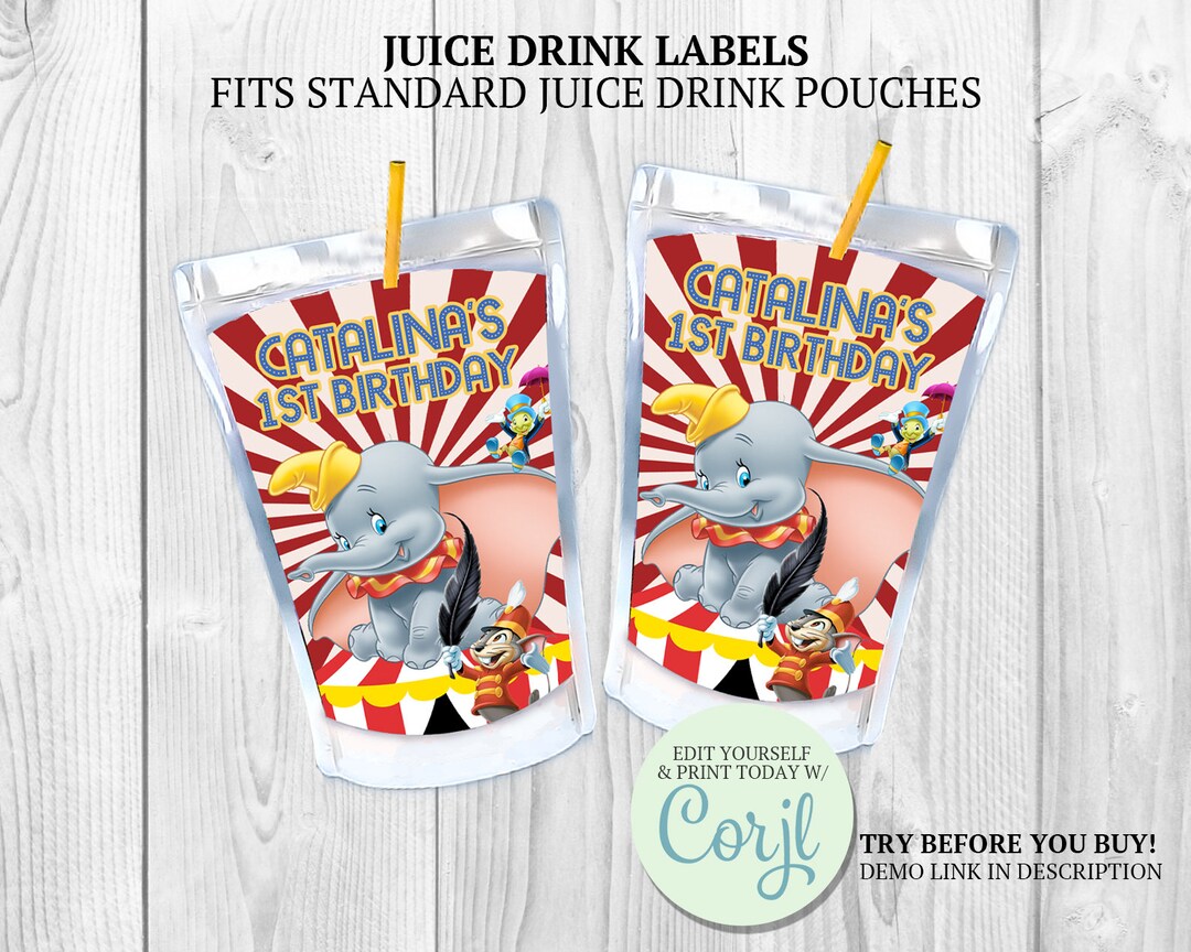 Dumbo Caprisun Labels, Circus Theme Birthday Party, Dumbo Juice Pouch