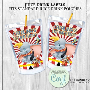 Dombo Caprisun-labels, verjaardagsfeestje circusthema, sticker Dumbo-sapzakje, Dumbo Big Top Circus-printables, Dombo-feestgunsten en -traktaties