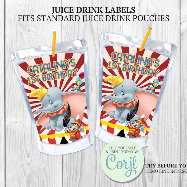 Dumbo Caprisun Labels, Circus Theme Birthday Party, Dumbo Juice Pouch Sticker, Dumbo Big Top Circus Printables, Dumbo Party Favors & Treats