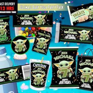 Könnte beinhalten: Eine Sammlung von Partyartikeln zum Thema Baby Yoda. Artikel umfassen Snackbeutel, Süßigkeitenverpackungen, eine Saftbox, einen Cupcake und eine Geschenktüte. Das Farbschema ist Schwarz und Grün mit dem Text "Jedi Michael" und "Happy Birthday".