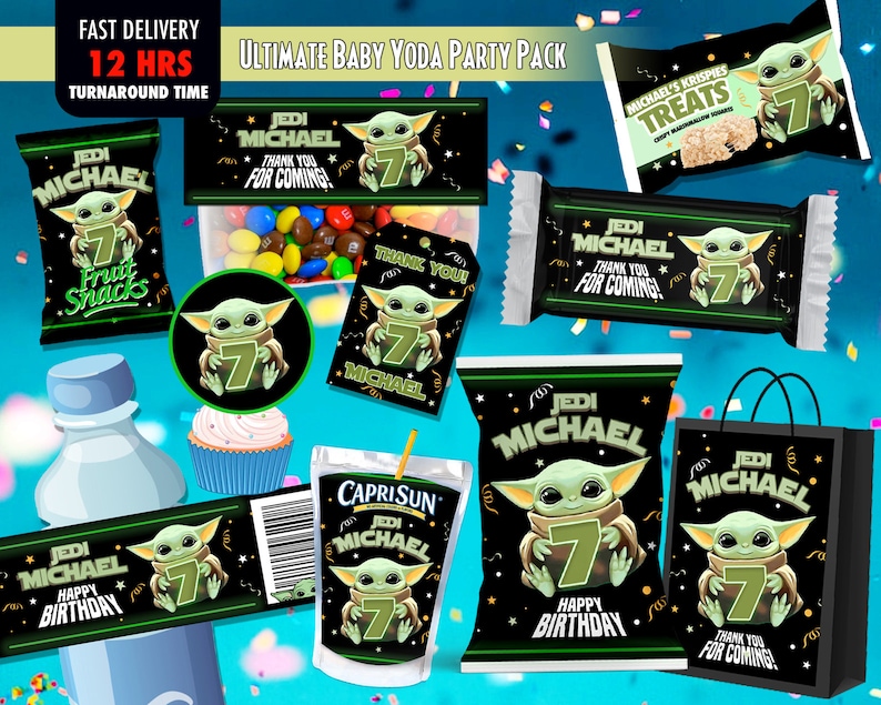 Baby Yoda party printables. Baby Yoda birthday party favor labels and tags. Thank you tags, cupcake toppers, rice krispies, goodie bag labels, water bottle labels, chip bag labels and more!