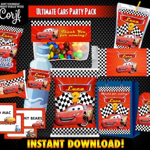 Cars Party Printables Package, Cars Birthday Party, Cars Themed Decorations, Cars Party Favors, Labels and Tags, Editable Templates CORJL