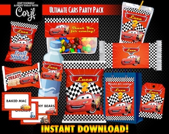 Cars Party Printables Package, Cars Birthday Party, Cars Themed Decorations, Cars Party Favors, Labels and Tags, Editable Templates CORJL