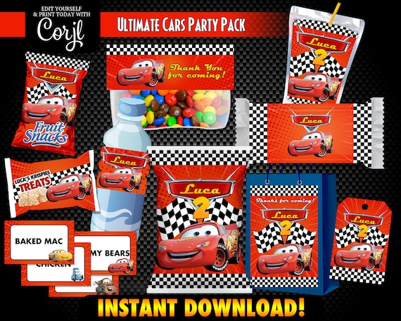 Cars Birthday Party Lightning Mcqueen Personalized Water Bottle Labels PACK  of 10 