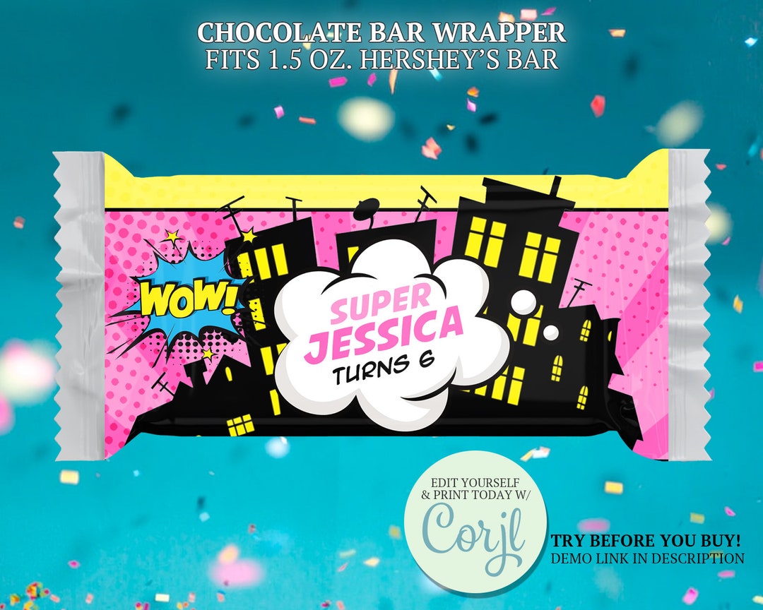Wrapper Girl Superhero Girl Candy Bar Wrapper: Pink Comics Party Decor (editable ...