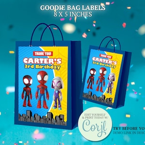 Goodiebaglabel Spidy & Friends, Amazing Friends-feestgunsten, Spiderman-buideltassen, Gwen Ghost Spider-decor, DIY-verjaardagsprintables CORJL