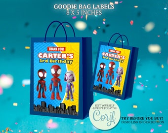 Etichetta per sacchetti regalo di Spiderman, bomboniere per la festa di compleanno degli amici (fai da te, stampabile)