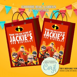 Etiquetas para bolsas de regalo de Los Increíbles: Fiesta de cumpleaños de superhéroes (imprimibles)