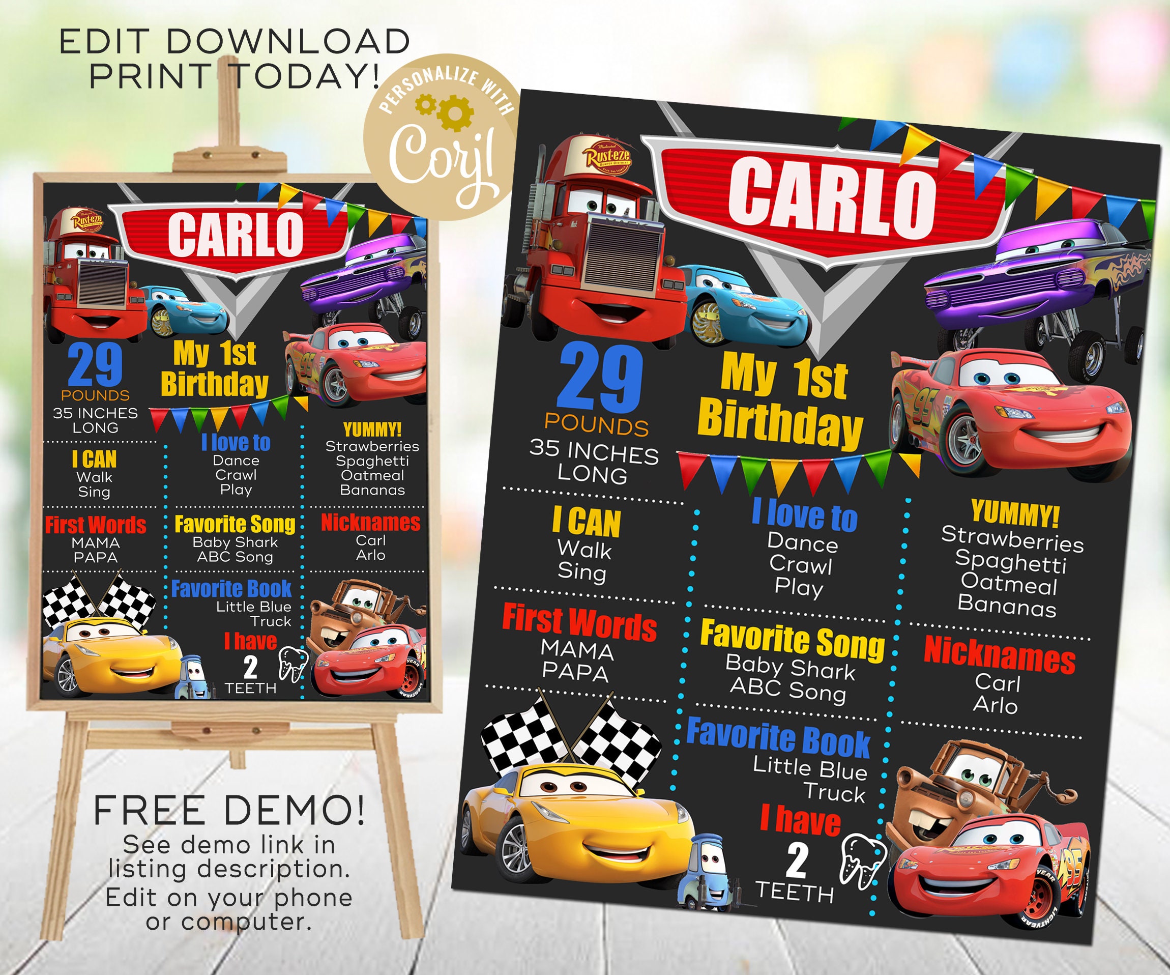 Disney Cars 22 Chalkboard, Lightning McQueen Birthday Poster, Cars Party  Sign, Printable & Editable in Corjl, DIGITAL Instant Download Regarding Cars Birthday Banner Template