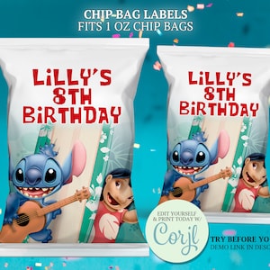 Lilo and Stich Chip Bag Labels, Stitch Crispies Wrapper, Lilo Stitch Labels, Stitch Party Favors, Stitch Birthday, Editable Template CORJL