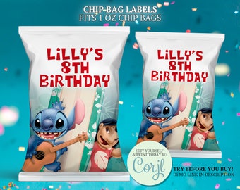 Lilo & Stitch Chip Bag Labels: Editable Birthday Party Favors (Digital Template)
