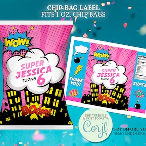 Mädchen Superheld Chip Taschenetiketten, Rosa Superheld Crispies Wrapper, Mädchen Geburtstag Gastgeschenke, Super Mädchen druckbare Potato Lays Label CORJL