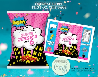 Girls Superhero Chip Bag Labels, Pink Superhero Crispies Wrapper, Girls Birthday Party Favors, Super Girls Printable Potato Lays Label CORJL