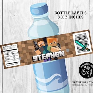 Minecrafter Water Bottle Labels: Editable Party Printables (Digital Download)