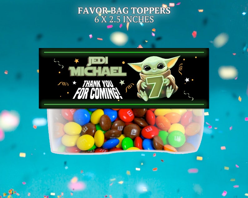Baby Yoda favor bag toppers for birthday party. Use as party favors and decor.