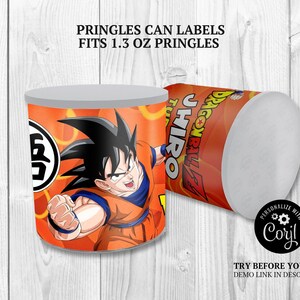 May include: Two orange Pringles can labels featuring a Dragon Ball Z character. One can is upright, the other is on its side. The labels are designed to fit 1.3 oz Pringles cans. The text "PRINGLES CAN LABELS" is visible.