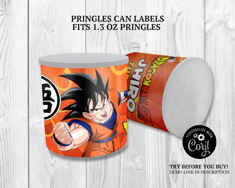 May include: Two orange Pringles can labels featuring a Dragon Ball Z character. One can is upright, the other is on its side. The labels are designed to fit 1.3 oz Pringles cans. The text "PRINGLES CAN LABELS" is visible.