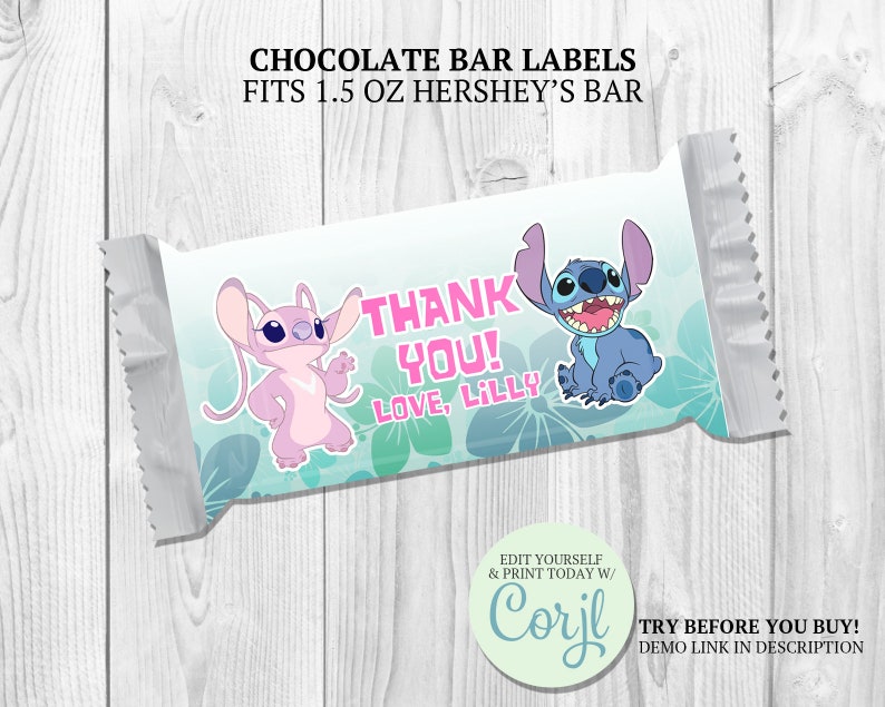 Stitch and Angel Chocolate Bar Wrappers or Candy Bar Labels