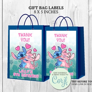 Stitch & Angel Gift Bags, Stitch Angel Goodie Bag Labels, Printable Sticker, Instant Download, Stitch Party Favor, Editable Template CORJL