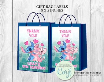 Stitch & Angel Goodie Bag Labels: Editable Party Favor (Instant Download)
