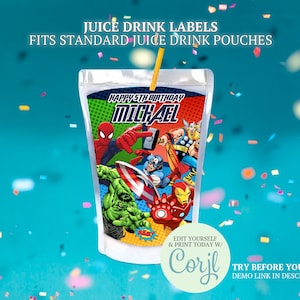Etiqueta de jugo de los Vengadores, bebidas Caprisun de los Vengadores, imprimibles para fiestas de los Vengadores, suministros para fiestas de cumpleaños de los Vengadores, decoración de fiestas y calcomanías de recuerdo