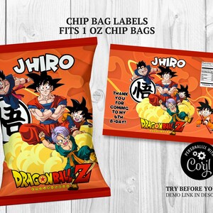 May include: Orange chip bag labels featuring Dragon Ball Z characters and the name "Jhiro". The design includes the text "Chip Bag Labels Fits 1 oz Chip Bags" and "Dragon Ball Z". The labels are designed for a 6th birthday celebration.