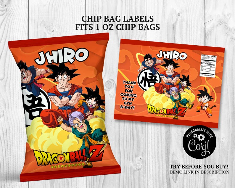 May include: Orange chip bag labels featuring Dragon Ball Z characters and the name "Jhiro". The design includes the text "Chip Bag Labels Fits 1 oz Chip Bags" and "Dragon Ball Z". The labels are designed for a 6th birthday celebration.