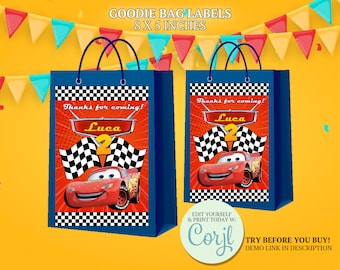 Cars Goodie Bag Labels, Printable Cars Labels, Lightning McQueen Cars Party Favors and Supplies, Cars Movie Treat Bag Labels - CORJL