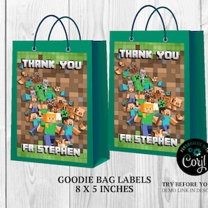 Minecrafter Gift Bag Labels, Minecrafter Goodie Bag Label, Crafters Loot Bag, Green Party Bag, Steve Party Favors, Party Printables, CORJL