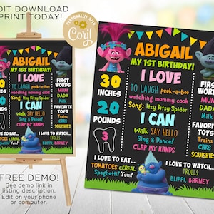 Letrero de pizarra de Trolls, letrero para fiesta de Trolls, póster de primer cumpleaños, imprimibles de Trolls, decoración de Trolls, plantilla editable de Corjl, descarga instantánea
