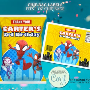 Könnte beinhalten: Druckbare Chipstüten-Etiketten mit gelbem Hintergrund und einem roten und blauen Comic-Design. Die Etiketten zeigen Spiderman und andere Superhelden. Der Text auf den Etiketten lautet "Danke! Carter's 3. Geburtstag".