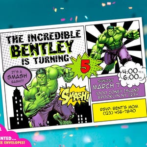 The Incredible Hulk-Einladung, Hulk-Geburtstagseinladung, gedruckte Einladungskarte oder digitale Datei, grüne Monstereinladung, Comic Hulk-Thema