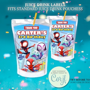 Etiquetas Caprisun do Aranha e Seus Amigos, Festa de Aniversário do Aranha e Seus Amigos Incríveis, Modelo de Sachê de Suco de Super-herói, Decoração do Homem-Aranha para Crianças Pequenas