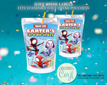 Spidey and Friends Birthday Party Juice Pouch Labels (Digital Download)