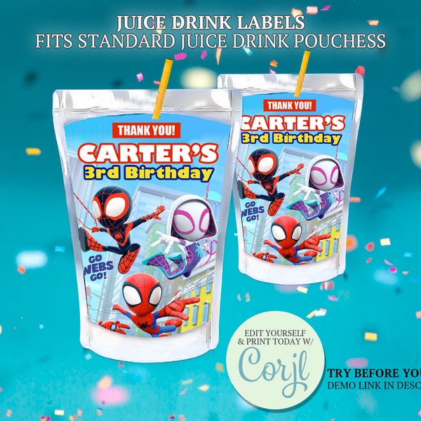 Spidey & Friends Caprisun Labels, Spidey and His Amazing Friends Birthday Party, Superhero Juice Pouch Template, Small Kids Spiderman Decor