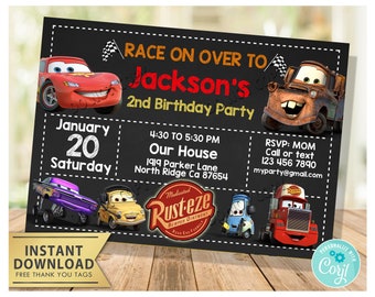 Cars Birthday Invitation, Racing Cars Party, Car Racer Birthday, Lightning Mcqueen, Tow Mater, Corjl Template, Editable, Free Thank You Tags
