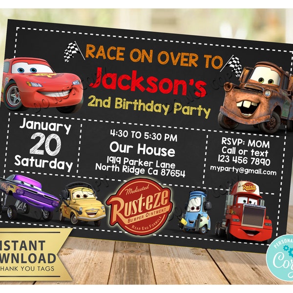 Autos Geburtstagseinladung: Lightning McQueen Party lädt mit kostenlosen Danke-Tags ein Sofort Download
